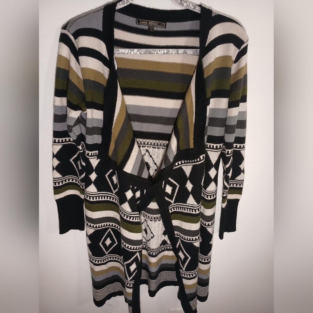 Love Stitch Striped Geometric Cardigan - Black, Olive, Gray